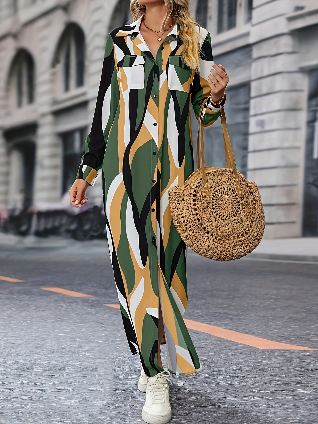 Marga - Printed shirt dress with collar and long sleeves